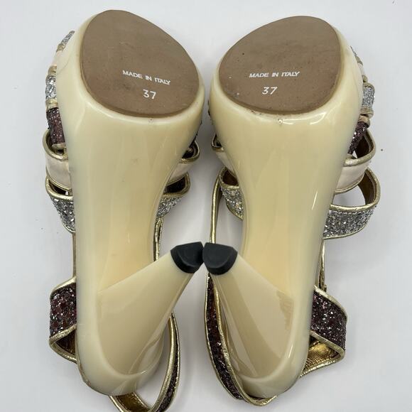 Kate Kuba Size 7 Glitter High Heels Silver Gold Open Toe 4 inch Women's Shoes - Picture 7 of 8